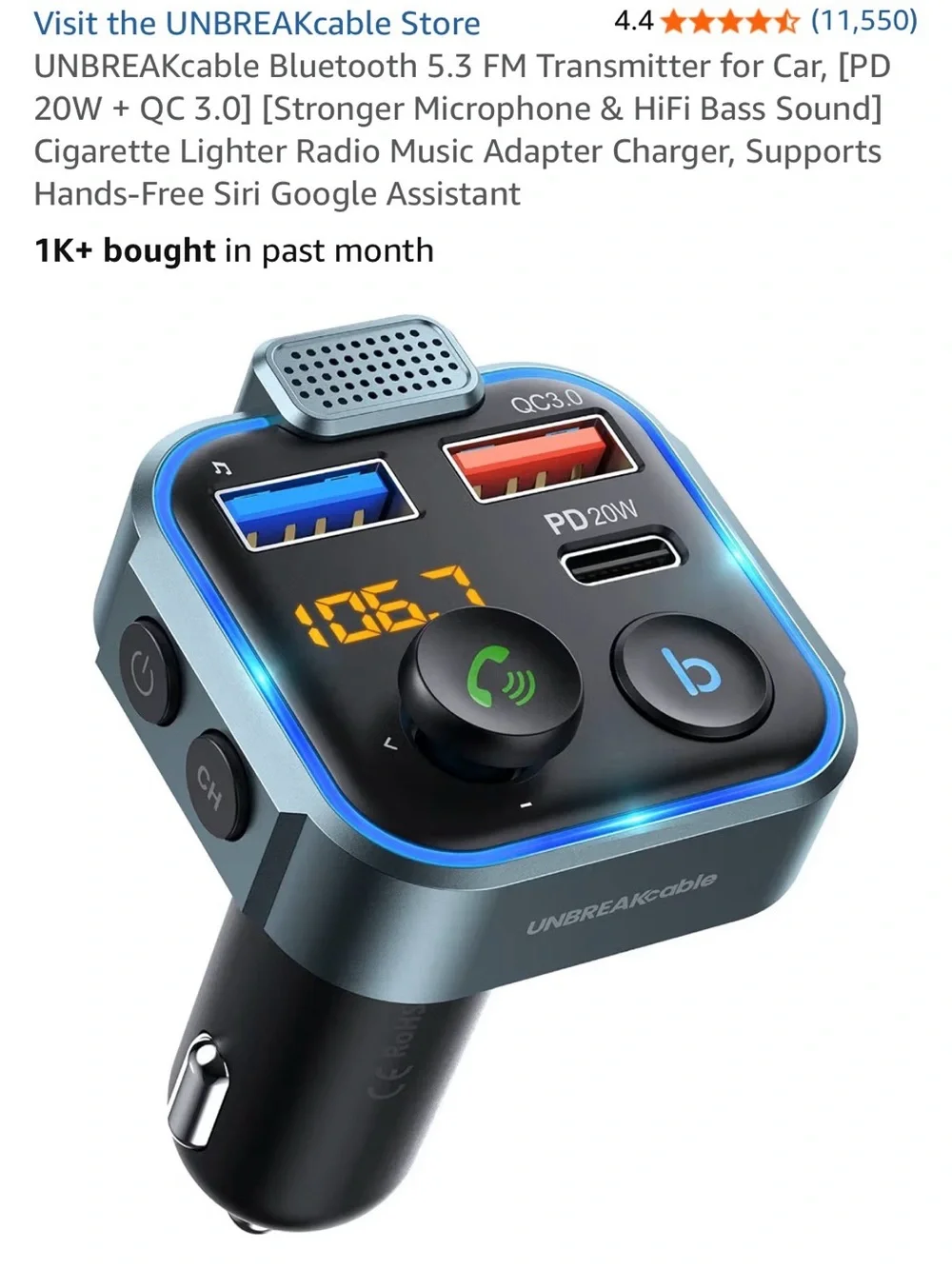 UNBREAKcable Bluetooth 5.3 Car FM Transmitter - Blue/Black